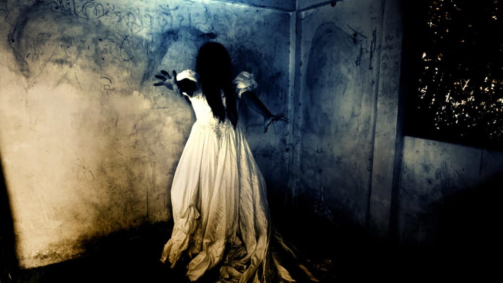 Ghost in Haunted House,Mysterious Woman in White Dress Standing in Abandon Building,Horror Background For Halloween Concept and Book Cover Ideas